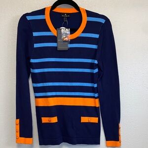 MARBLE NWT Navy Blue Orange Striped Crew Neck Pullover Sweater 3612